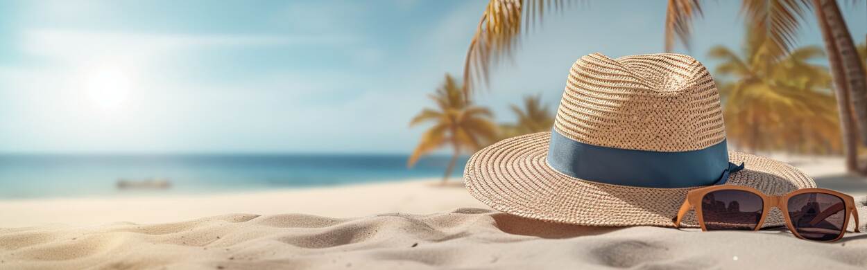 Hoed en zonnebril liggen in het zand op een tropisch strand